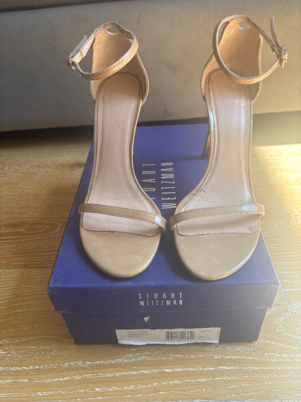 Stuart Weitzman Nude Patent Leather Heeled Sandal (Nudistsong Adobe Aniline) US7